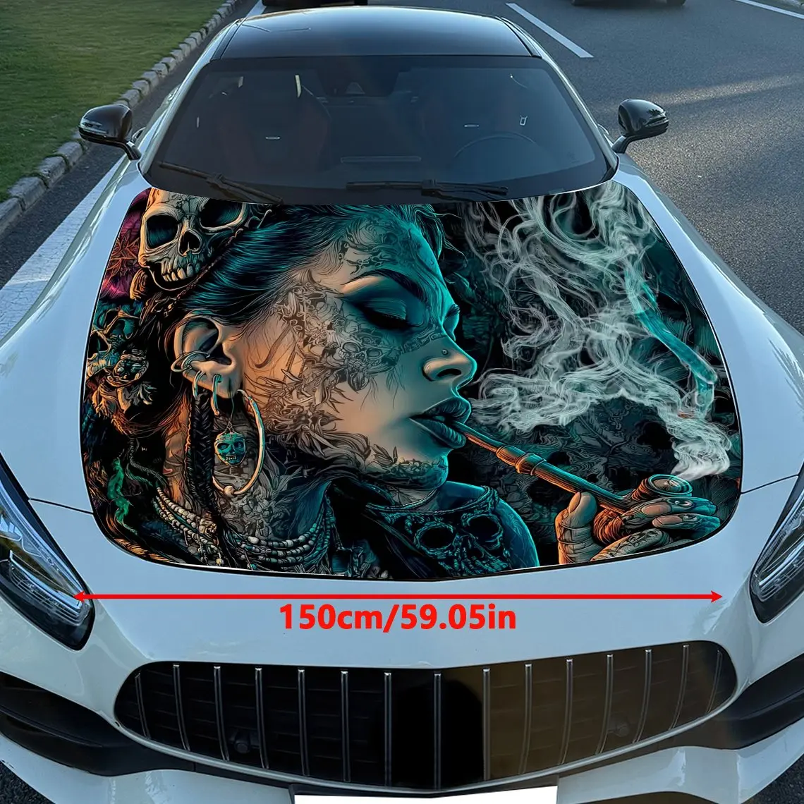 Gothic Tattoo Women Car Hood Wrap Colorful Vinyl Waterproof Sticker For Trucks, Decorative Bonnet Graphics And Auto Accessories