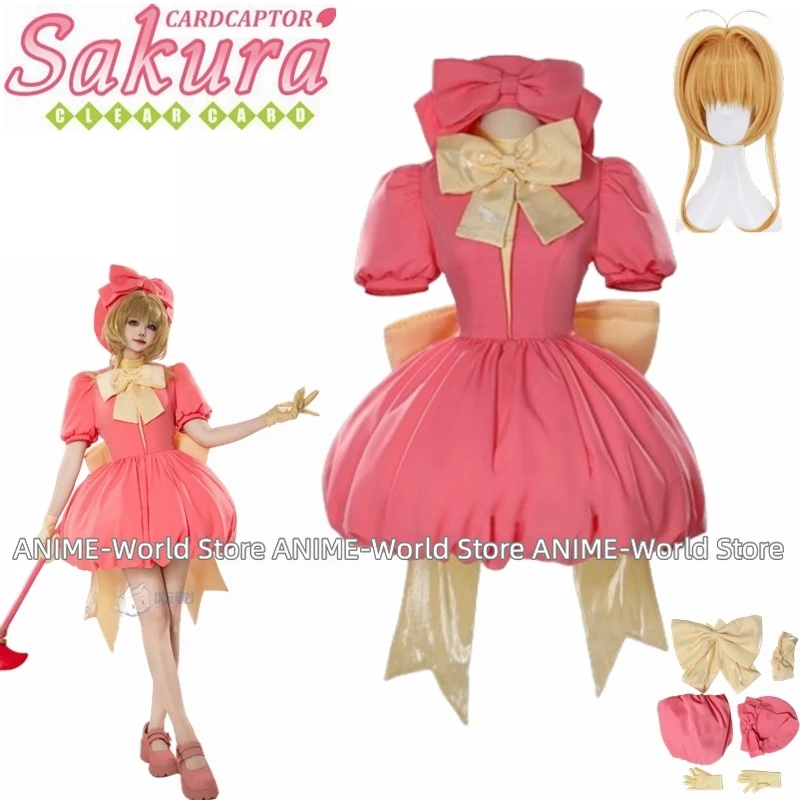 Women's Card Captor Sakura Cosplay Costume Kawaii Pink Dress with Bowknot and Gloves