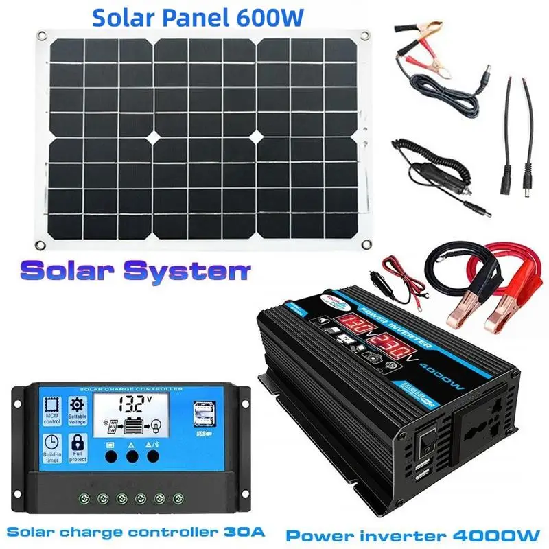 To 12V to 110V/220V Solar Panel System 12V Solar Panel Battery Charge Controller 4000W Solar Inverter Kit Complete Power