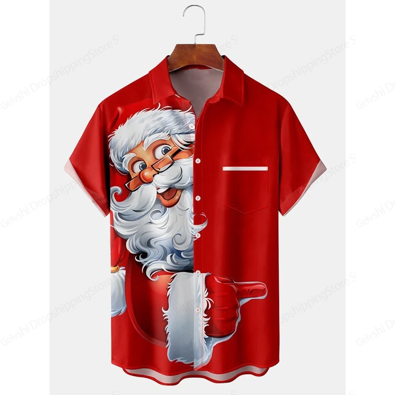 Santa Claus Hawaiian Shirt Pocket Christmas Elegant Print Shirt Men Women Fashion Short Sleeve Hawaiian Shirt Beach Blouse Elk