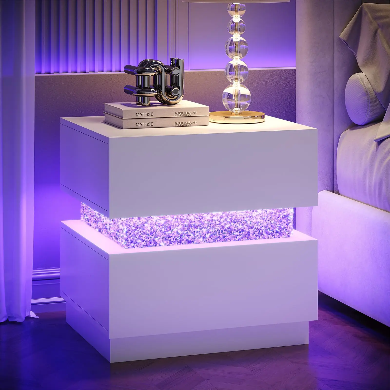Modern Nightstand with LED Lights & Diamond, White | Bedside Table with 2 Drawers, End Side Table for Bedroom, Living