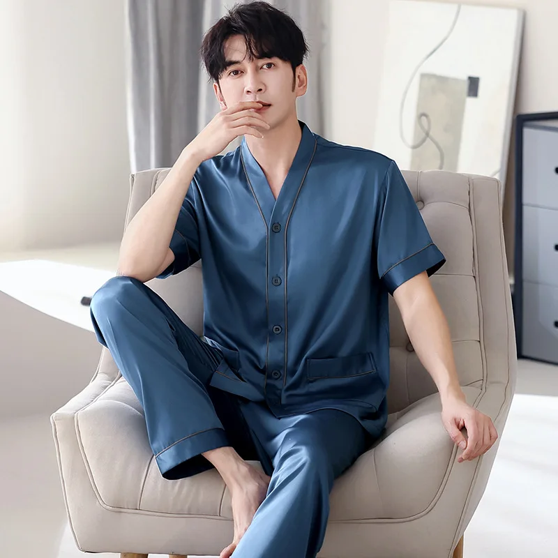 

Men's Ice Silk Pajamas Set Short Sleeve Long Pants V-Neck Kimono Cardigan Summer Breathable Loose Loungewear New Arrival