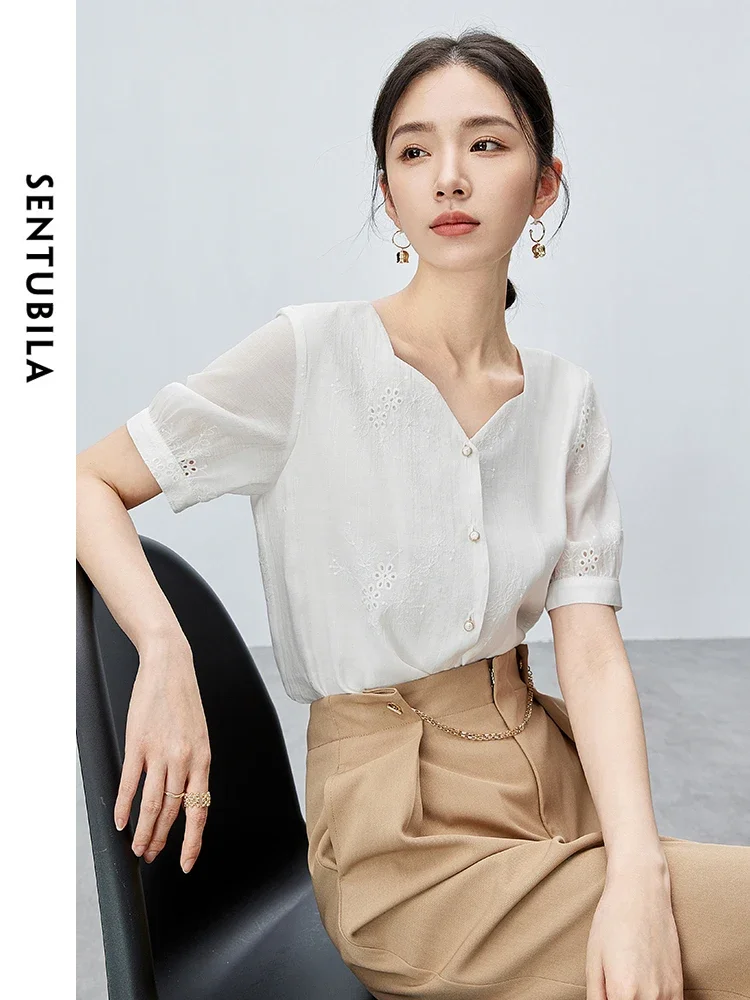 SENTUBILA Elegant Embroidery Shirts for Women 2024 Summer Fashion V-neck Short Sleeve Chiffon Lined Womens Tops Female 142C55355