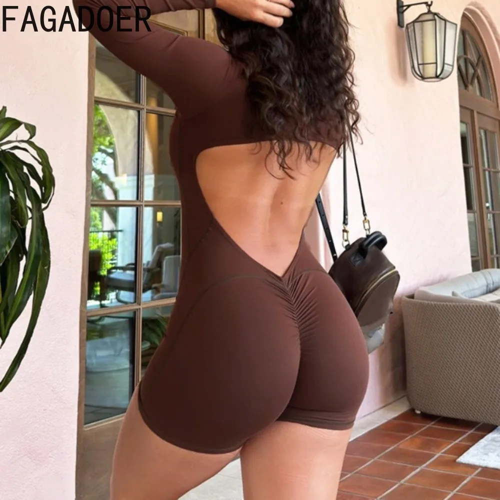 Fagadoer Casual Rugloze Effen Kleur Bodycon Sportieve One Stukken Rompertjes Vrouwen Ronde Hals Lange Mouw Rits Slanke Jumpsuits 2024