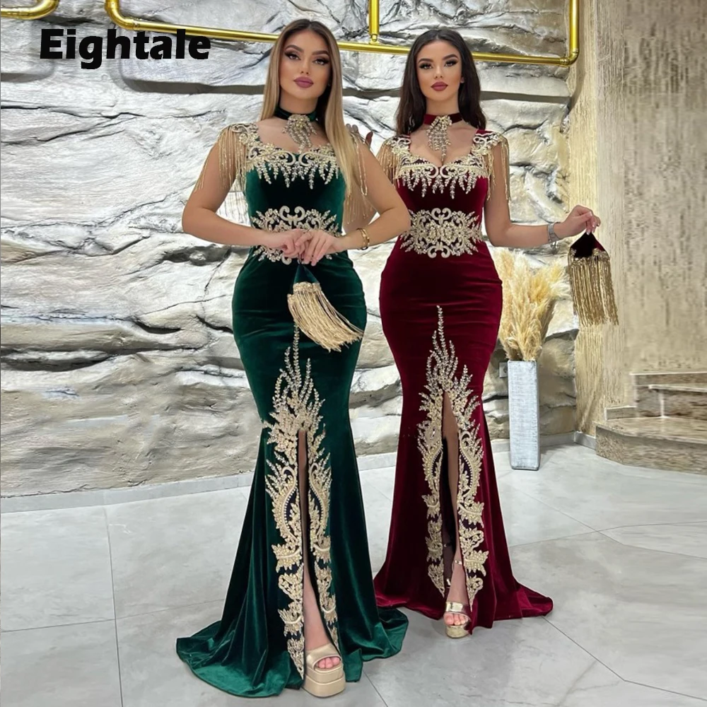 

Eightale Karakou Algerien Arabic Evening Dresses High Neck Appliues Gold Lace Mermaid Prom Gown Customized Caftan Party Gowns