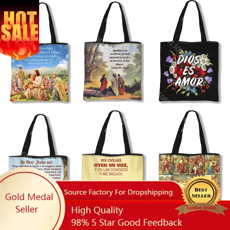 Jesus Painting Print Shoulder Bag  Vintage Women Canvas Handbag Dios Esta Conmigo Portable Messenger Hobo Bags