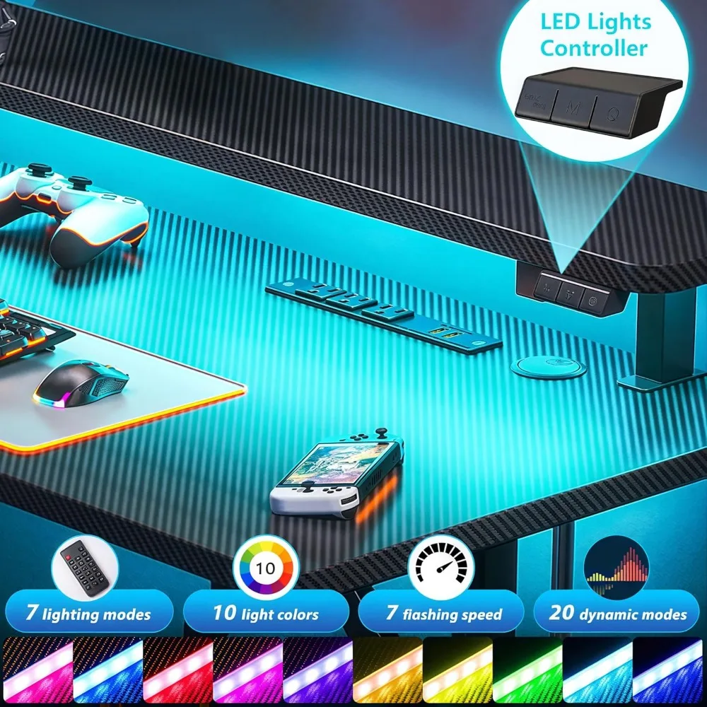 Meja Permainan Kecil 32 Inci dengan Lampu LED & Stopkontak, Meja Permainan Meja Komputer dengan Rak Monitor, Meja Gamer