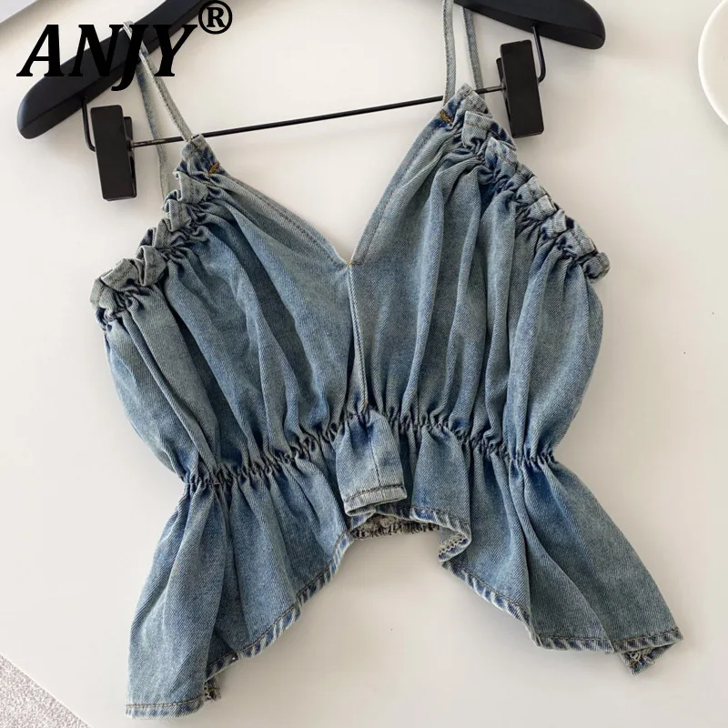

ANJY 2026 Spring Summer New Women Trendy American Hot Girl Backless Denim Sweet Camisole Slim Fit V-Neck Tie-Up Niche Top A19023