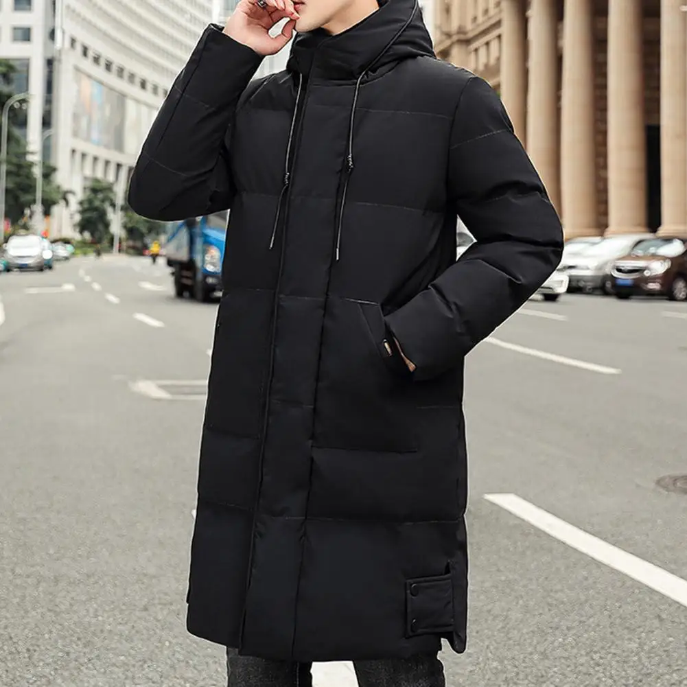 Men Cotton Coat Hooded Drawstring Long Sleeve Mid-length Down Jacket with Pockets Solid Color Thickened Puffer Coat