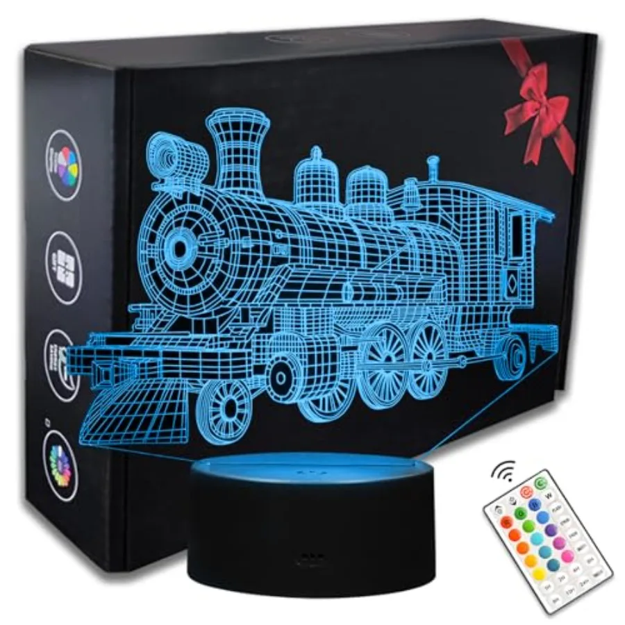 Train Night Light, 3D LED Lamp for Boys - s Themed Bedroom Lamps, Optical Illusion Lamp with Remote Control, Perfect for'Room D