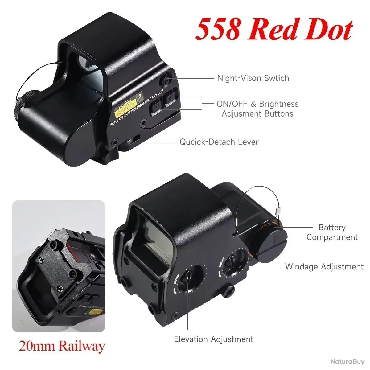 عدسة الكاميرا Hybrid 558 G45، عدسة مكبرة بصرية ثلاثية الأبعاد بنقطة حمراء خضراء G45 5X | حوامل السكك الحديدية 20 مم ورافعة QD بدون بطارية