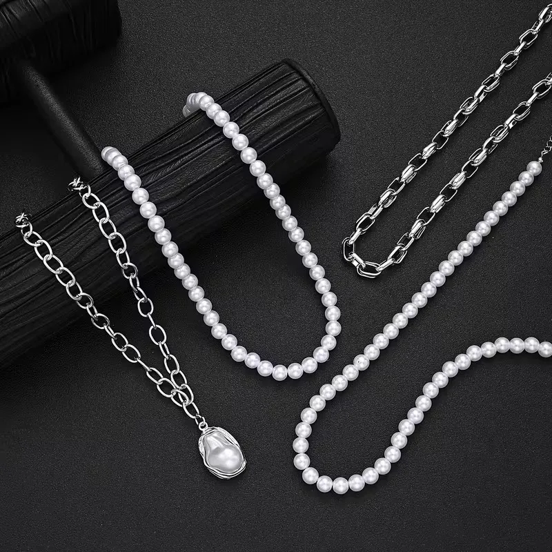 4-teiliges Elegantes Unregelmäßiges Perlenketten-Set für Damen, Übertriebener Vintage-Punk-Stil, Hochzeitsschmuck-Geschenke – Detail 6