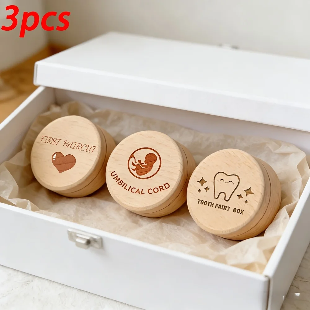 3PCS Natural Wood Keepsake Box Set Baby Hair Umbilical Cord Storage Tooth Fairy Treasure Box Newborn Gifts 2D Baby Souvenirs