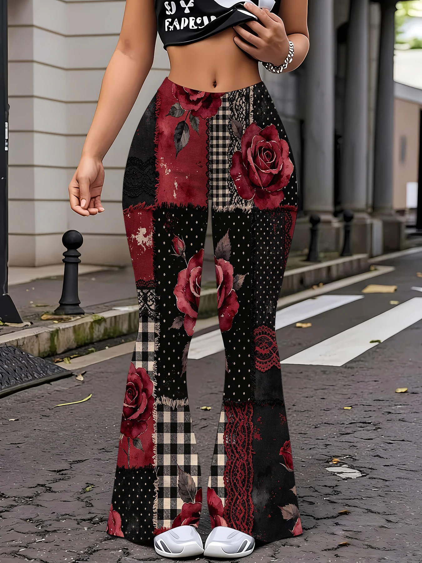 

All-Over Print Flare Pants Women Stretchy High Waist Bell Bottom