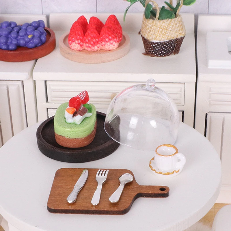 8Pcs/set 1:6/1:12 Dollhouse Coffee Miniature Cake Wooden Tray With Cover Dessert Display Rack Kitchen Model Decor Toy