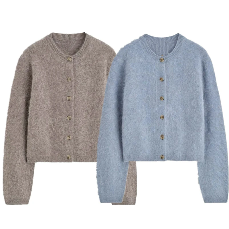 Maxdutti Southern France Minimalist Knitwear Woman Clothes Cardigan Solid Sweater Commuter Round Neck Pulley Knitted Cardigan