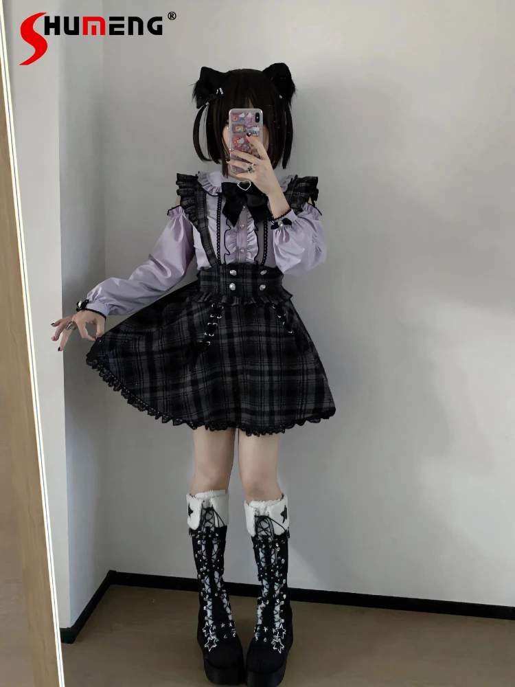 Mass-Produced Japanese Mine Purple Off Shoulder Doll Collar Single-Breasted Shirt High Waist Lace-up Woolen Plaid Skirt Women