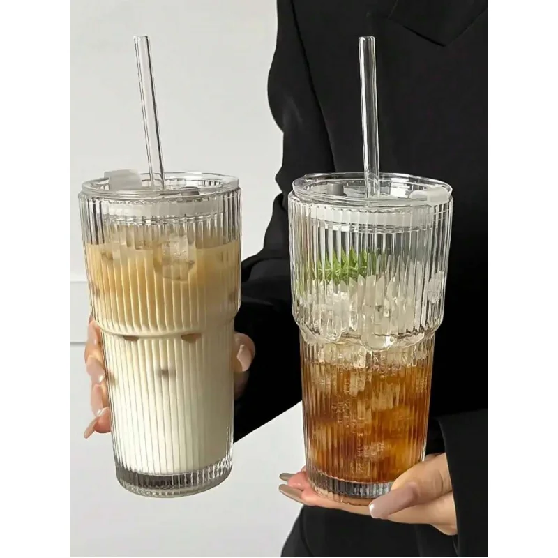 

2PCS Vintage Striped Tumblers, Tumblers With Glass Straws, 19oz Coffee Cups, Thickened High Borosilicate Material Tumblers