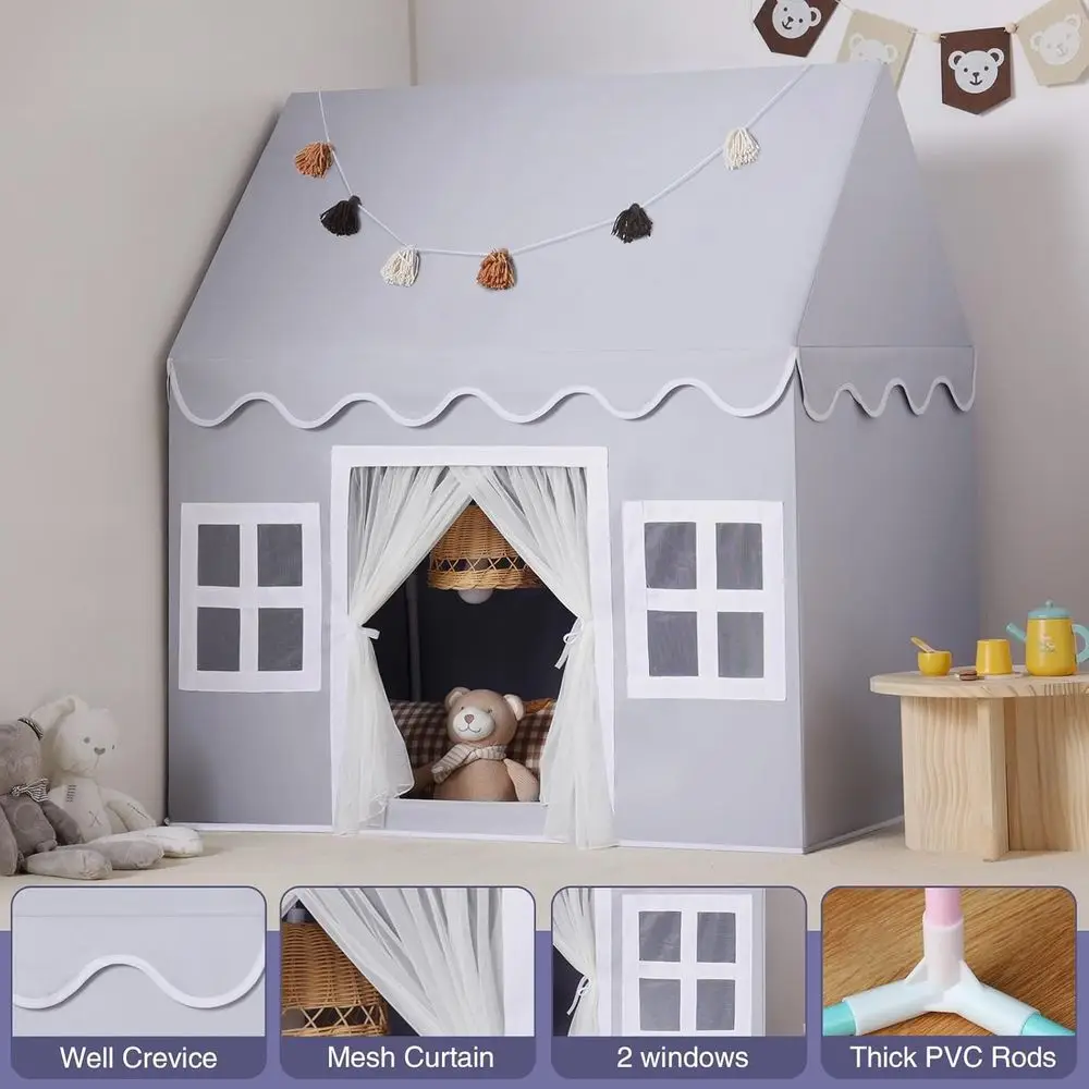 Kids Play Tent Indoor: Mat, Tassel Garland, Star Lights - Gray Girl Tent Playhouse for Toddlers Kids Toys for Boy Girl Birthday