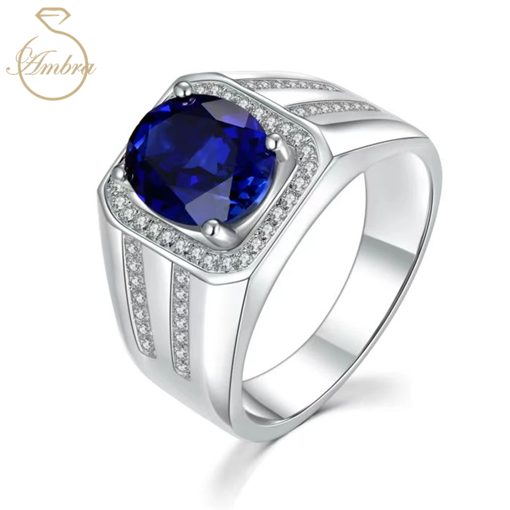 

Ambra Jewelry 18K White Gold Color 925 Sterling Silver Plated 5ct Sapphire Luxury Men's Ring for Attend the Banquet