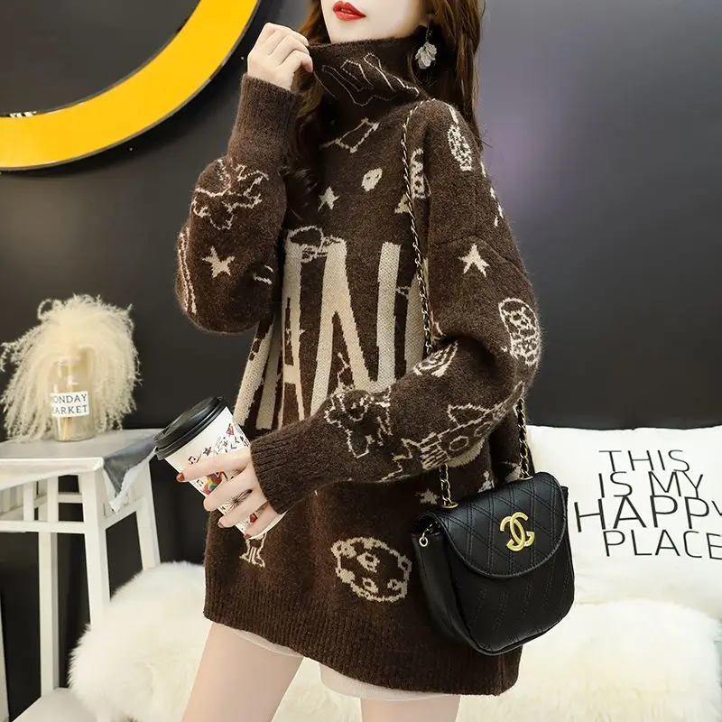 

Ленивый стильный пуловер с высоким воротом для женщин, новый свободный дизайн, нишевый вязаный свитер