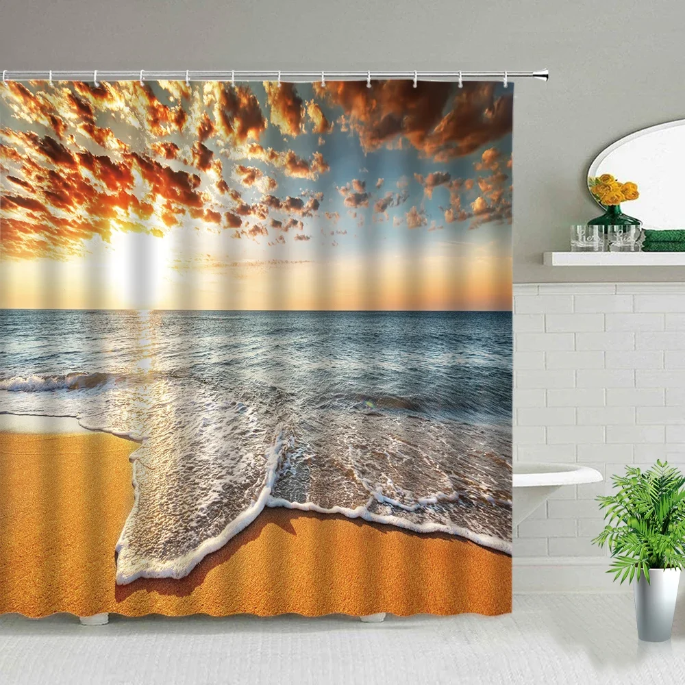 Sunlight Ocean Beach Fabric Shower Curtain Waterproof Bathroom Curtains Sunset Dusk Sea Landscape Bath Screen with Hooks