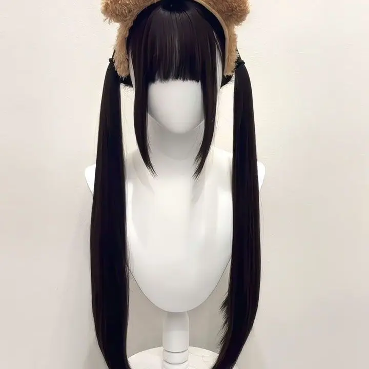 شعر مستعار أسود طويل مستقيم مع غرة هوائية بمظهر طبيعي للفتيات ذو وجه مستدير، شعر لوليتا كوسبلاي اليومي للطلاب #4