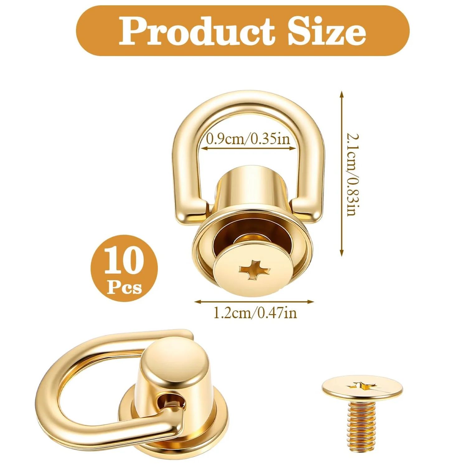 10Pcs 360° Rotatable Gold Brass D Rings, Rivet Crossbody Conversion Kit, D-Type Round Ball Head Rivet Studs for DIY Handbag Belt