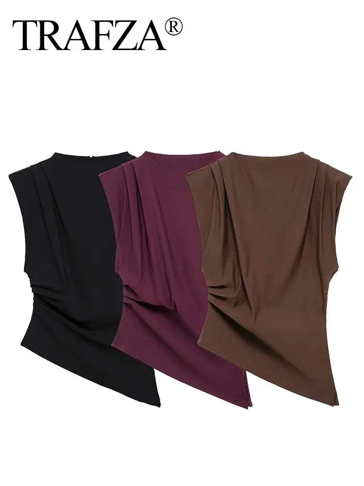 HH Women Fashion Angora Red Tank Tops Pleated Asymmetrical T-Shirt Tops Sleeveless Back Zipper Chic Lady Slim Tops