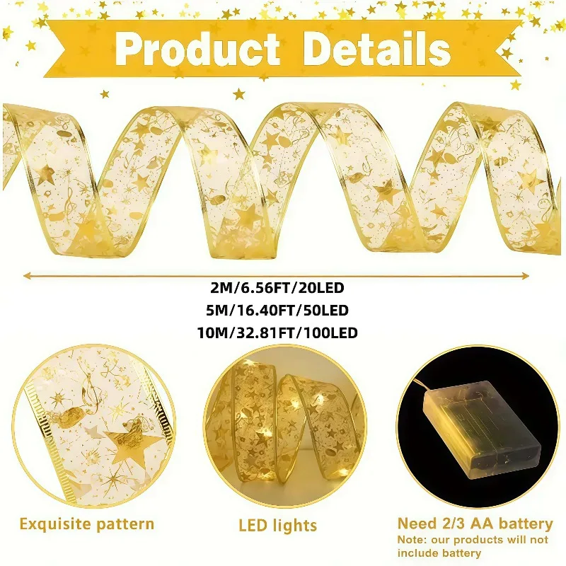 Christmas Decoration Lights,Ribbon Fairy LED String Lights,Battery Powered (Batteries Not Included),DIY Christmas Tree Ornaments