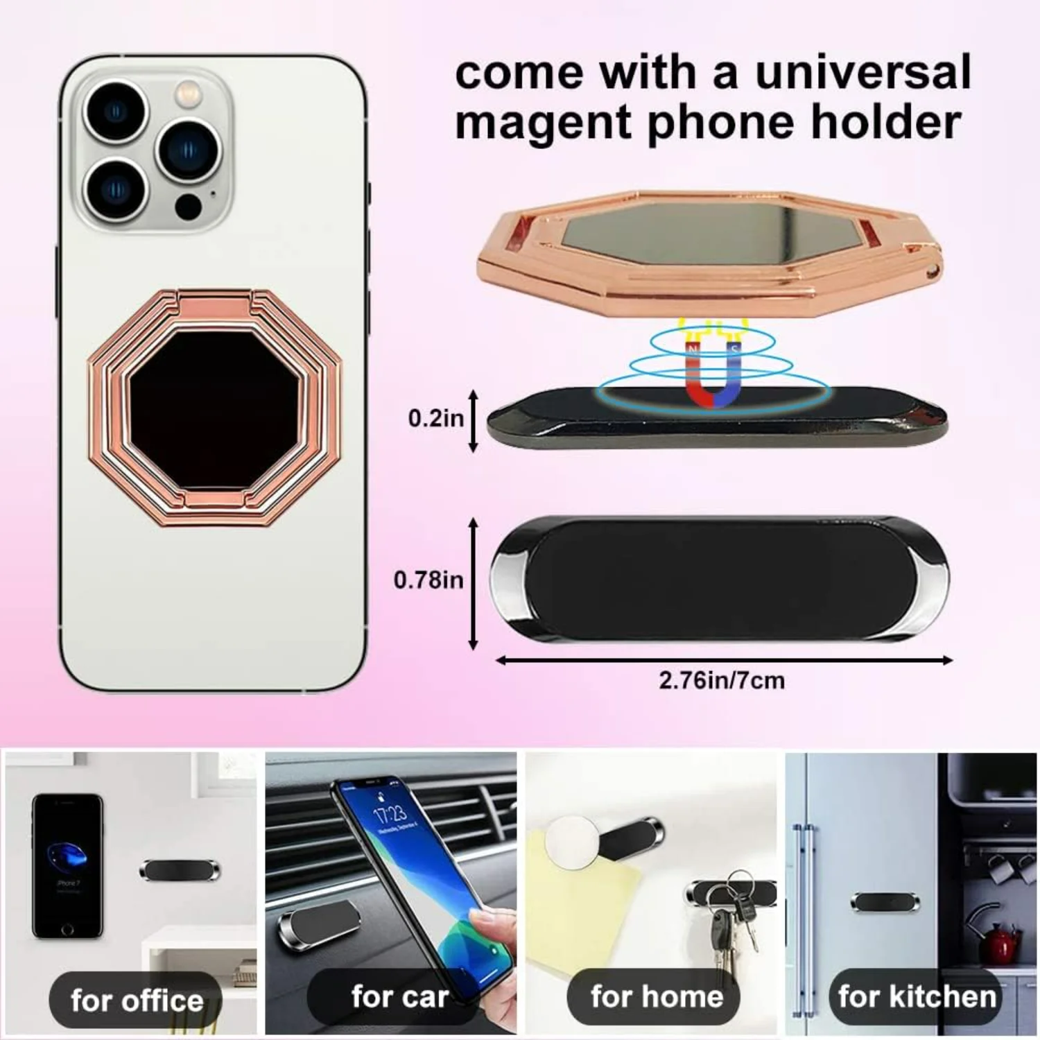 Cell Phone Ring Holder Kickstand, Metal Phone Stand for Smartphones, Foldable Ultra-Thin Design, Rose Gold Color.