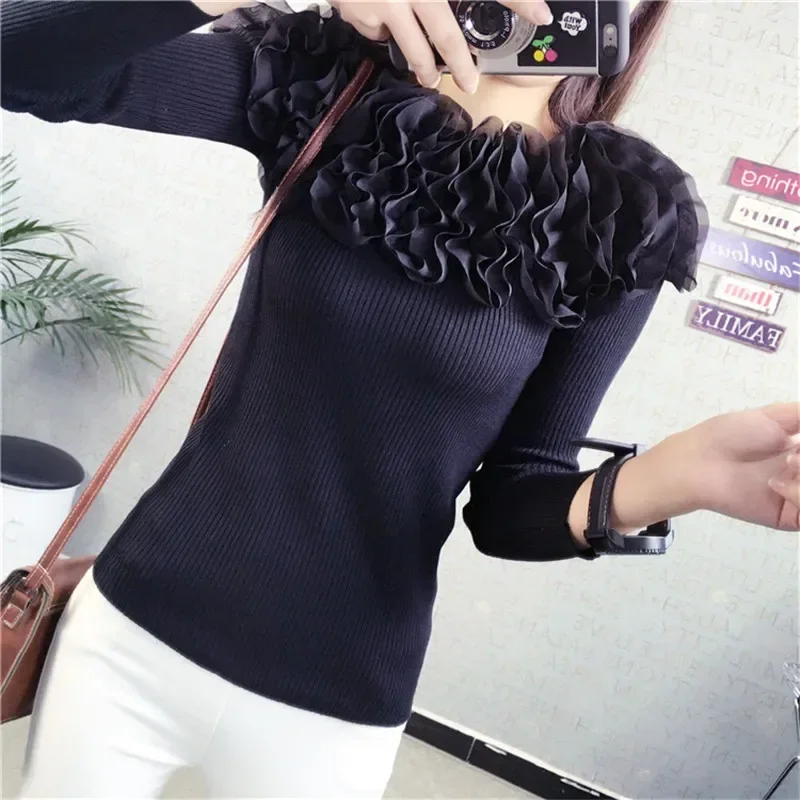 Neploe Autumn Fashion Knitted Sweater 2024 New Slim Slash Neck  Sweater Wild Lace Flowers Pullover Sweater Woman Tops 65736