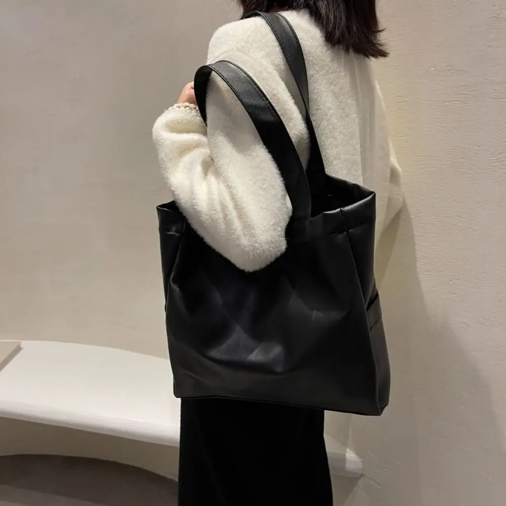 

Magnetic Buckle PU Leather Tote Bag Vertical Square Versatile Portable Shoulder Bag Comfortable Handle Solid Color