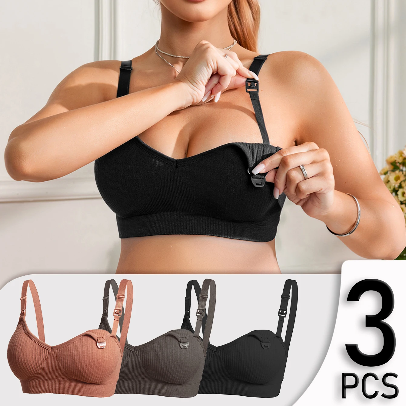 3 buah bra menyusui ibu hamil, bra anti-kendur multi-warna, bra menyusui warna solid serbaguna untuk kehamilan dan pascapersalinan