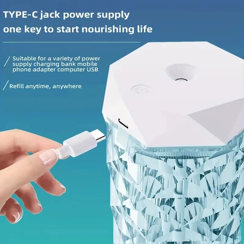 USB-кристаллический увлажнитель воздуха, портативный ультразвуковой масляный диффузор емкостью 1 л, увлажнитель воздуха, подходящий для домашнего и офисного использования