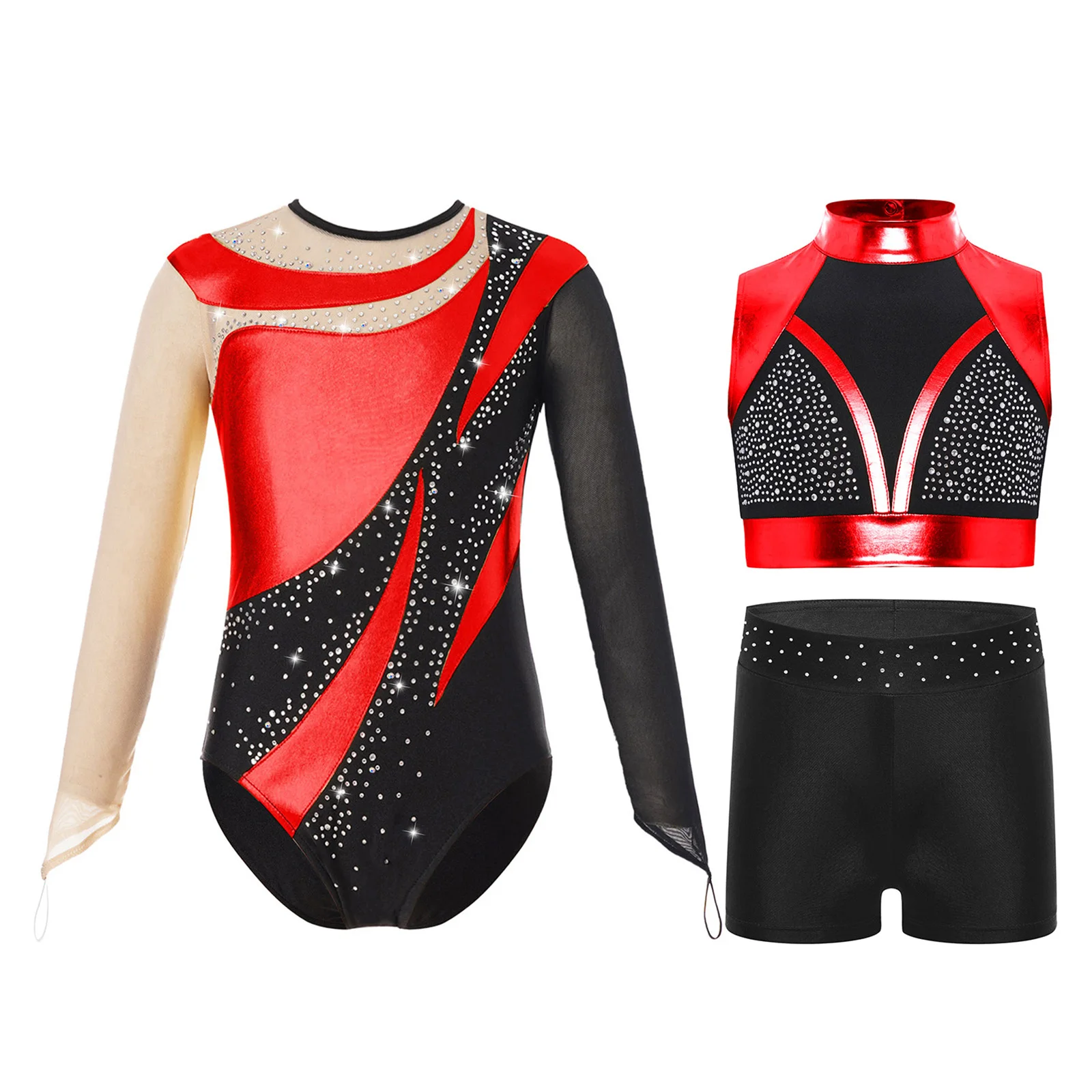 3 stks/set Kinderen Meisjes Ballet Schaatsen Outfit Mock Hals Mouwloos Kleurblok Metallic Crop Top met Shorts en Gymnastiek Turnpakje