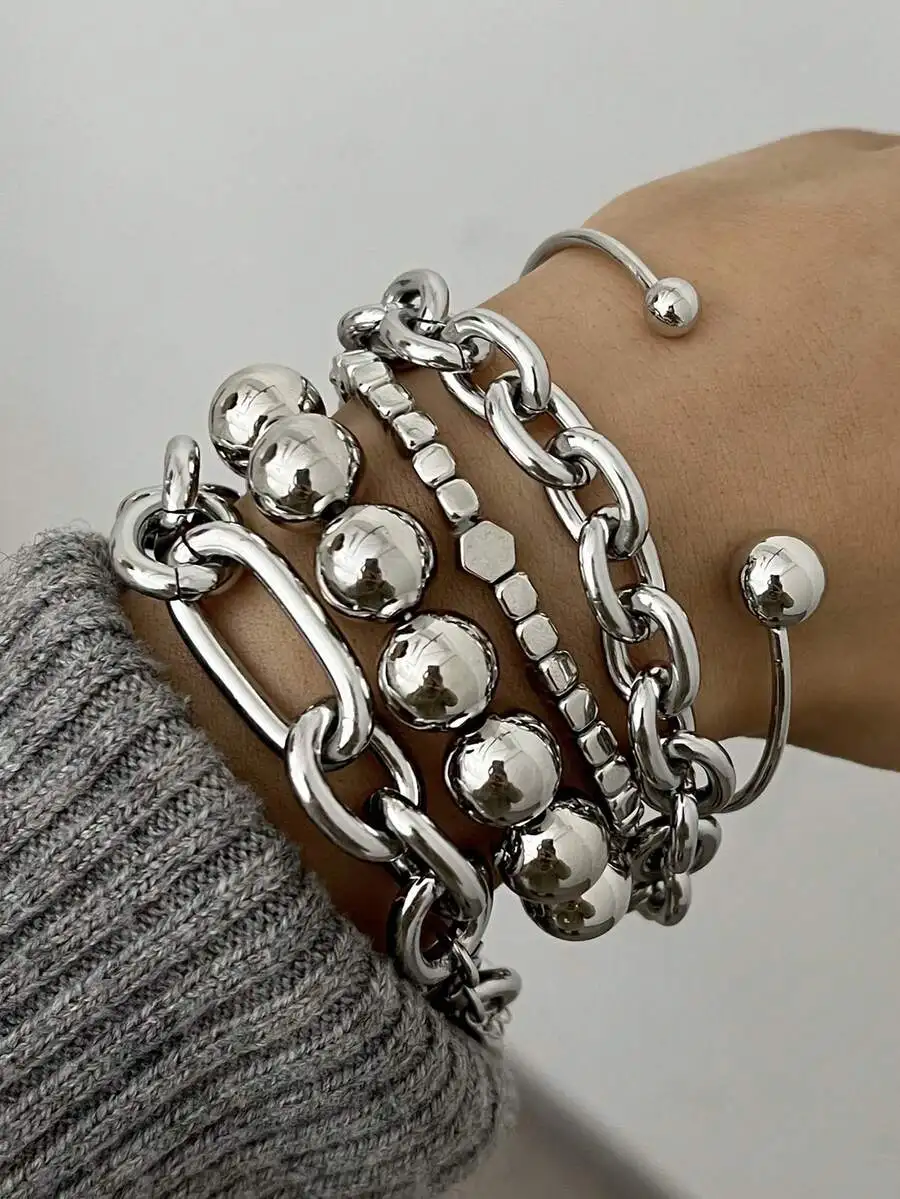 Juego de 5 pulseras vintage con diseño de monedas antiguas, minimalistas y exageradas, con cadena gruesa y cuentas, adecuadas para citas, vacaciones y uso diario.