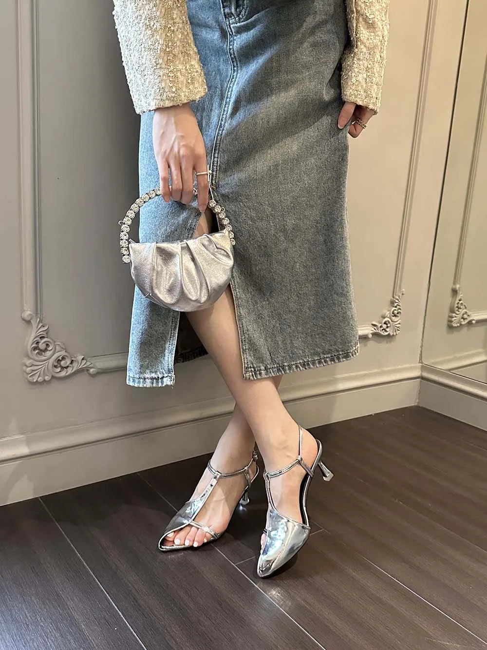 Pointed Toe Women Sandals Black Gold Silver Summer Outside Fashion Party Pumps Thin High Heels Patent Leather Ankle Strap