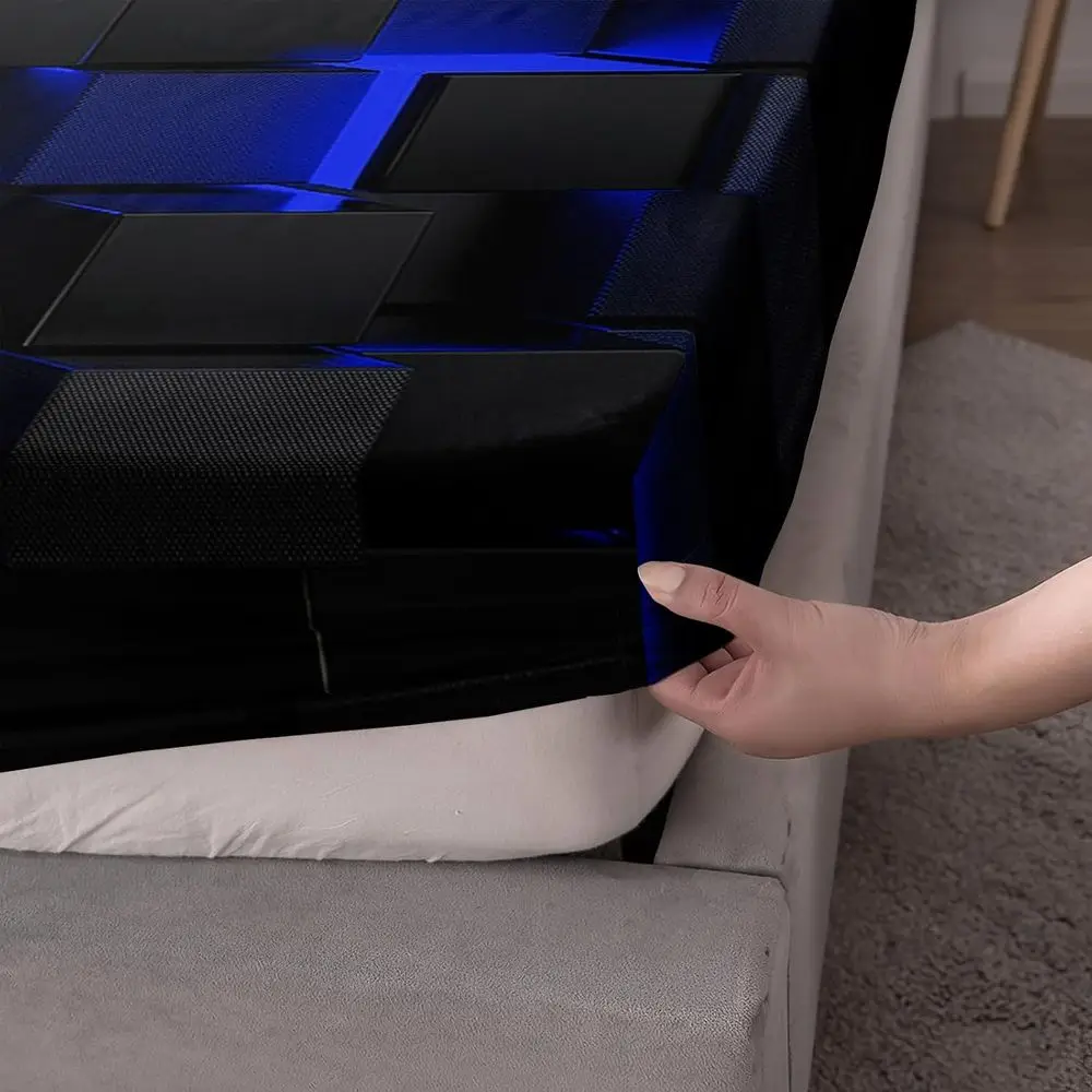 طقم ملاءات سرير مكون من 4 قطع بتصميم هندسي مقاس مزدوج، ملاءة سرير زرقاء سوداء مع جيوب عميقة مقاس 16 بوصة للأطفال والكبار