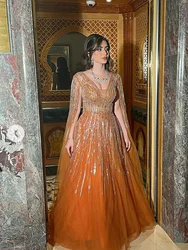 Saudi Arabia Evening Dress Orange Long Prom Dresses Major Beading Party Dress Sweep Train Custom Made