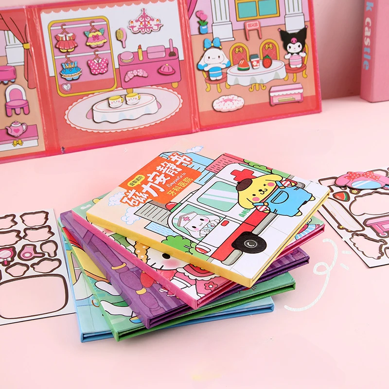 Sanrio Hello Kitty Magnet Quiet Book Cartoon Kulomi Cinnamon Dog DIY Quiet Book Stickers Kids Handmade Educational Toys Gifts