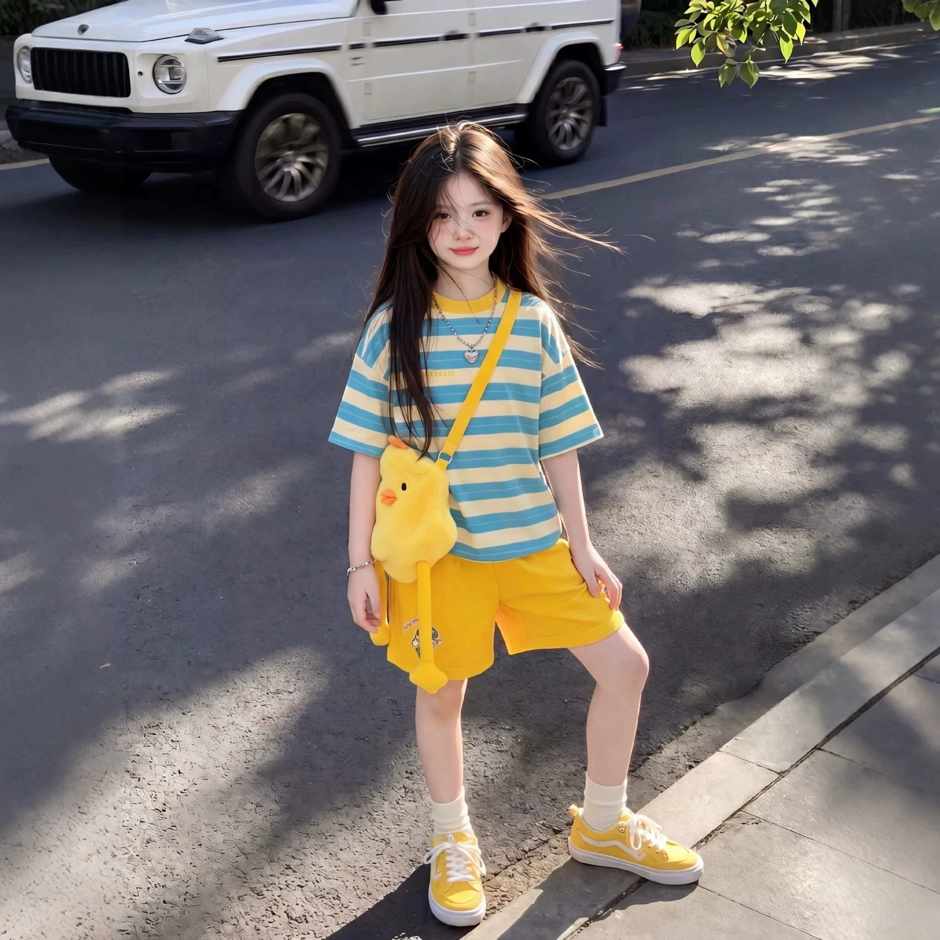 

2026 New Girls Summer Dopamine Style Striped Short Sleeve Two Piece Set Fashion Trendy Streetwear Casual Outfit For Little Kids