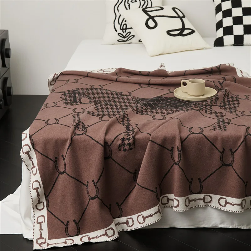 Luxury Horse Knitted Blanket Gray Bedspread Modern Orange Decorative For Sofa Throw Warm Living Room Bedding Home Decorations