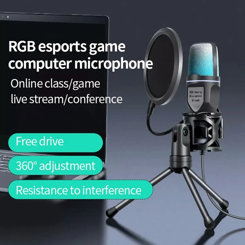 SF666R USB Microphone RGB Condensador Microphone Gaming Mic Fit For Podcast Recording Studio Streaming Laptop Desktop PC