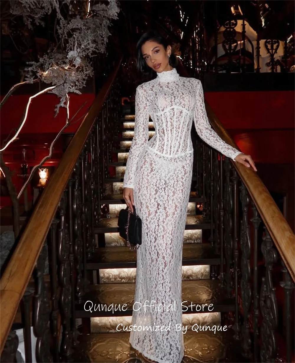 Qunque Illusion High Neck Bridal Wedding Dresses Straight Maxi Robes De Soiree Delicate Lace Vestido De Novia Boda Customized