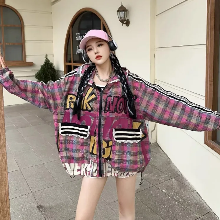Cartoon Plaid Hooded Jacket Women 2025 Autumn New Loose Mid-Length Color Block Sun Protection Jacket Women's Fashion Hoodies