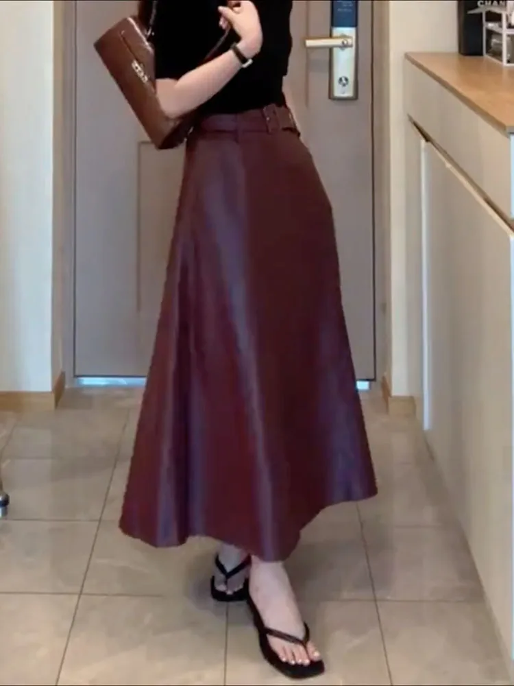 

Элегантная женская юбка А-силуэта из искусственной кожи с высокой талией, матовая, винно-красная, струящаяся, для осени и зимы, для офиса