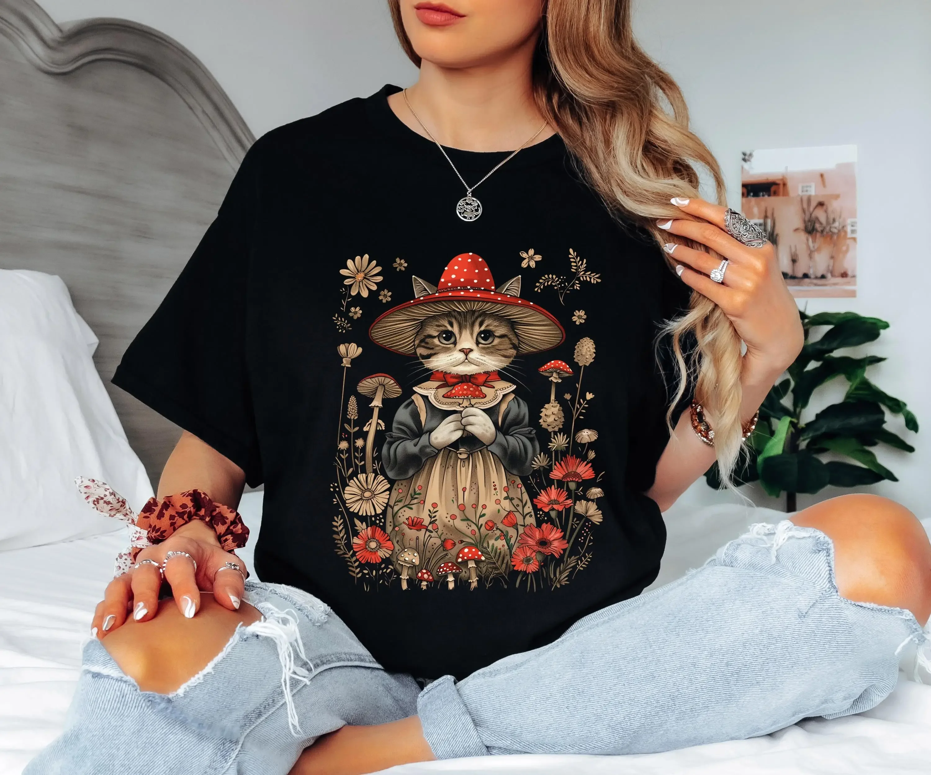 Cat in Dress T Shirt Boho Witchy Design Vintage Style Mushroom Floral Cute Animal Black Top for Lovers