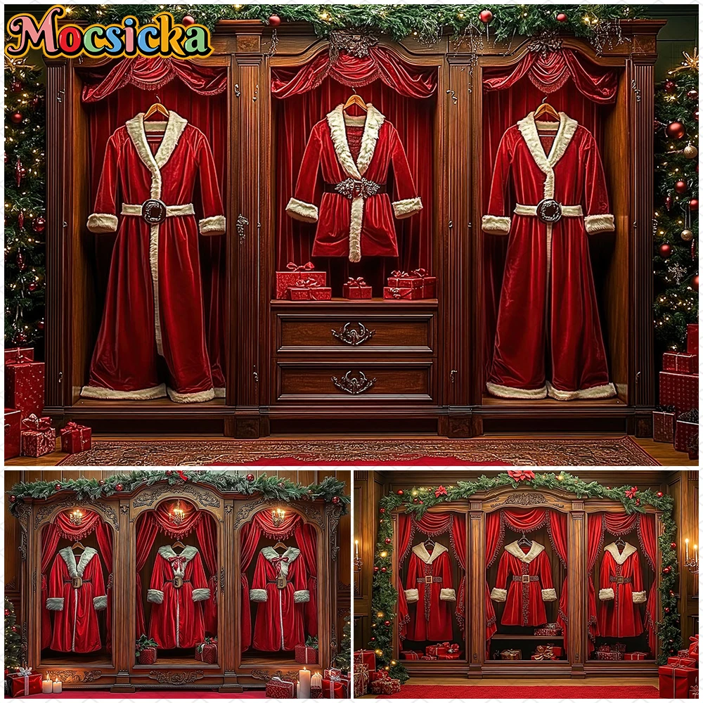 Mocsicka Christmas Closet Backdrops Washable Indoor Gifts Photo Backgrounds Home Santa Claus Red Clothes Wallpaper Decors Banner