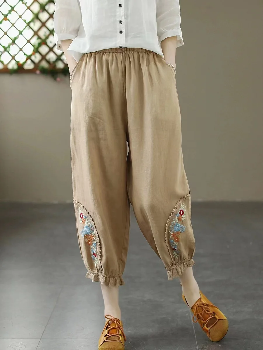 

Женские летние брюки-гаремы из хлопка и льна с эластичным поясом, утягивающие, больших размеров, повседневные, фасона «фонарики»